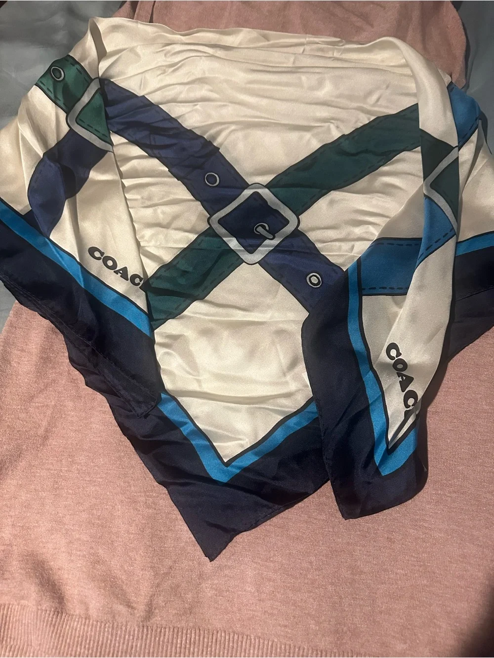 Coach Women’s Navy, Cream & Teal Logo Silk Scarf